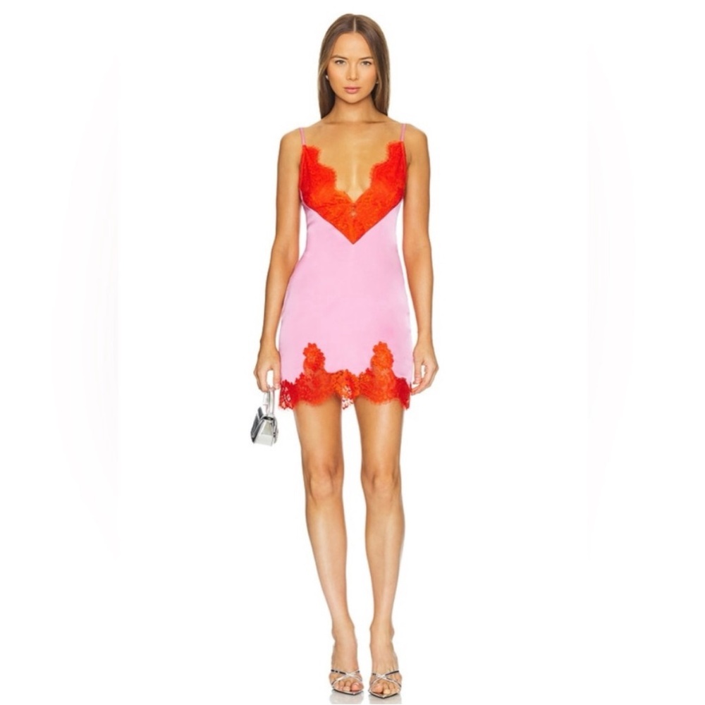 Ronny Kobo Collection Pink Mini Dress with Red Lace Trim